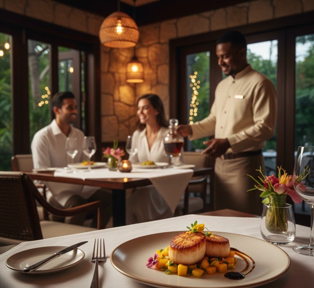 Caribbean dining scene with refined plating and warm, elegant hospitality in an intimate setting