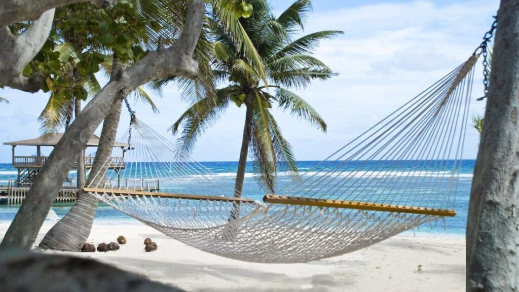 Serene Caribbean wellness scene with ocean horizon, natural materials, and a calm, restorative atmosphere