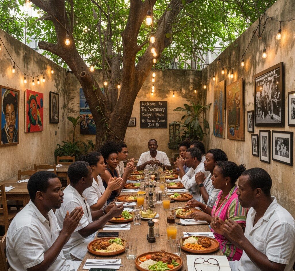 A quiet Jamaican dining space where conversation and routine take precedence over visibility