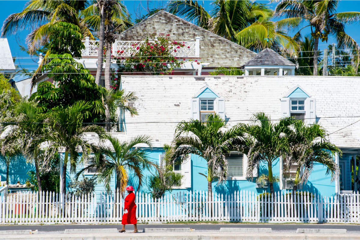 Colorful colonial cottages in Dunmore Town Harbor Island.