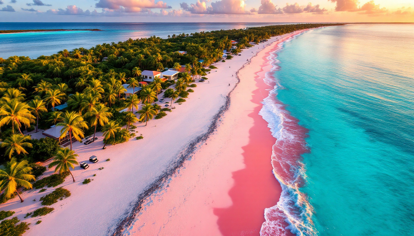 Pink sand beach on Harbor Island Bahamas at sunrise