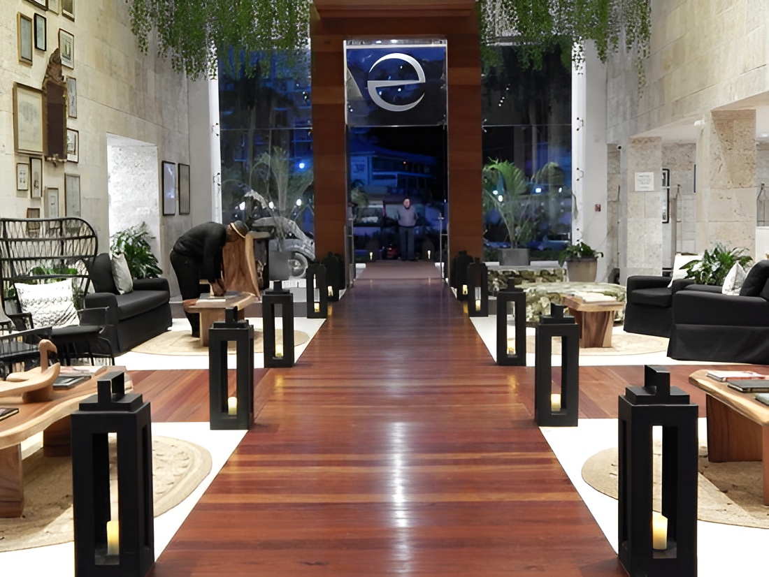 Overdesigned hotel interior with dramatic lighting and decorative elements that prioritize aesthetics over comfort