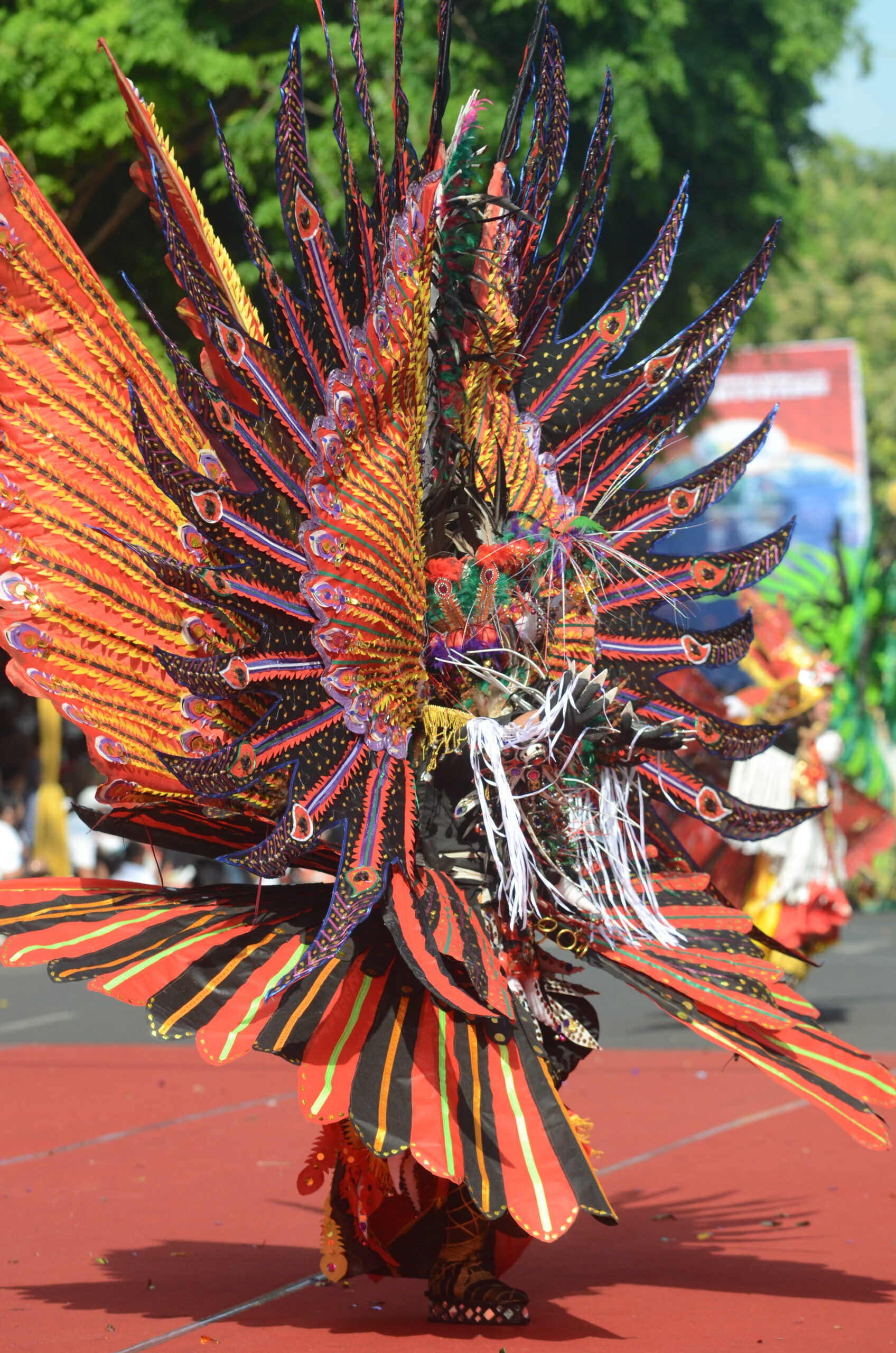 Close-up of Trinidad Carnival costume feathers and textures moving in sunlight