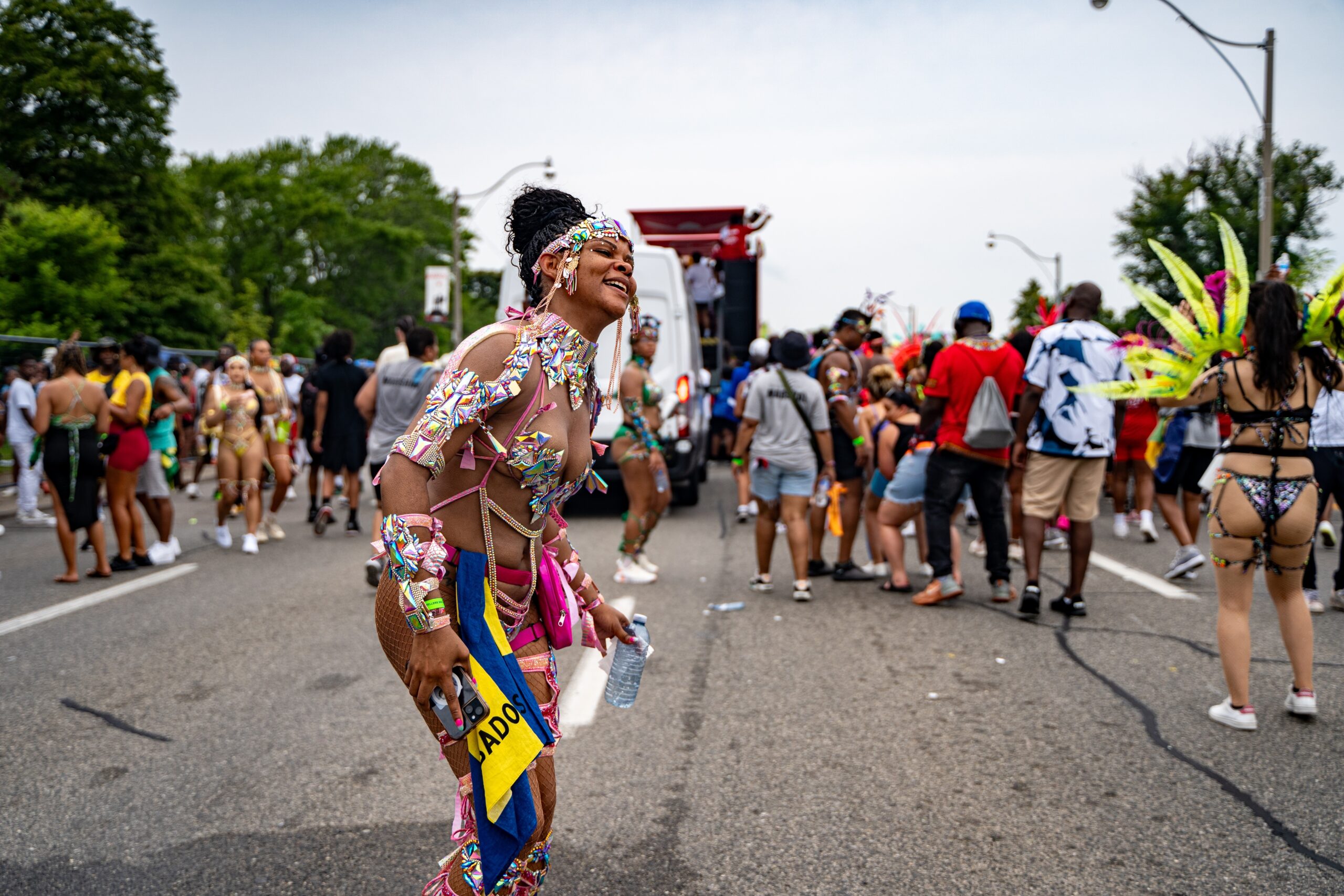 Steelpan and soca music driving movement during Trinidad Carnival in Port of Spain