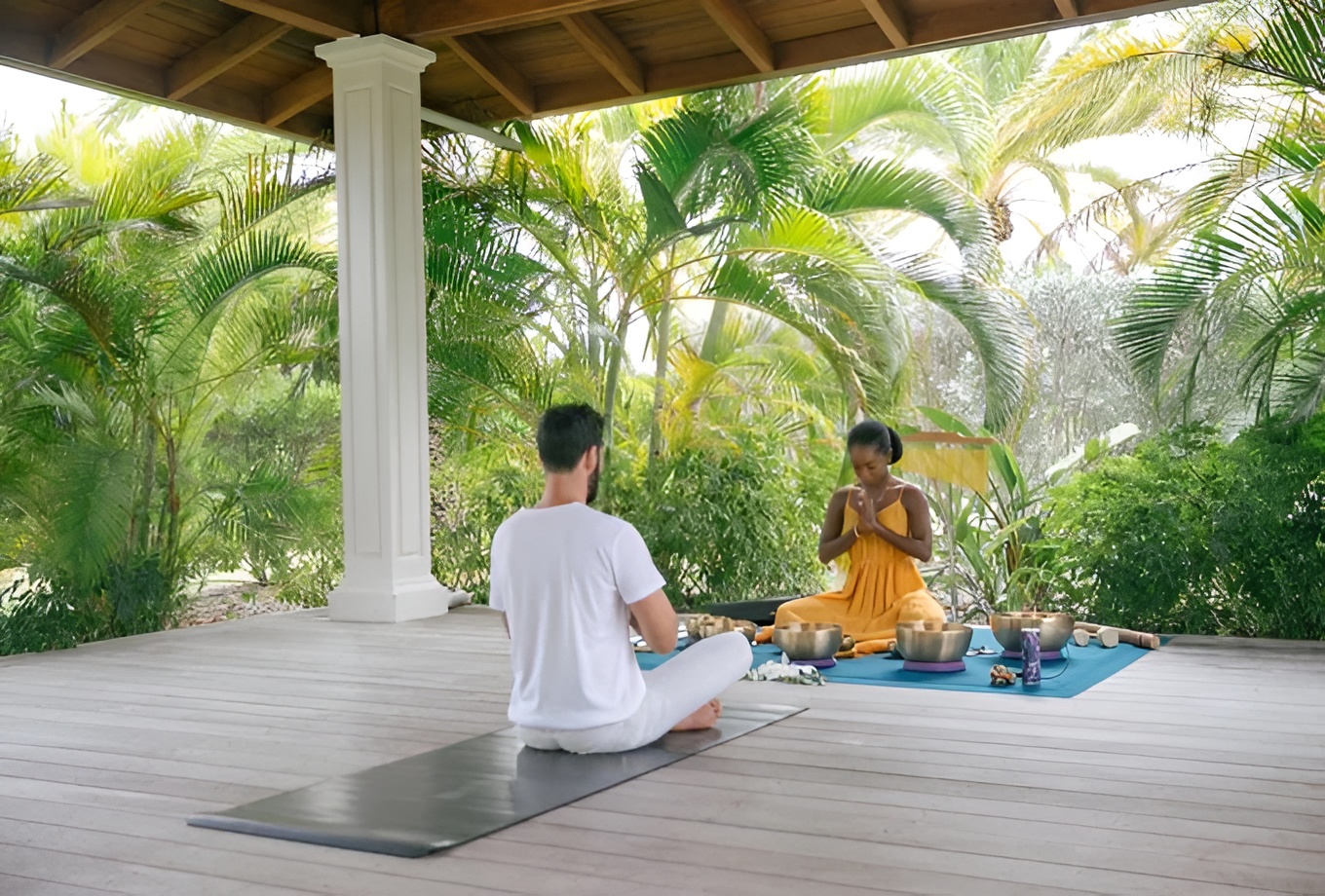 Caribbean woman practicing mindfulness in tropical setting