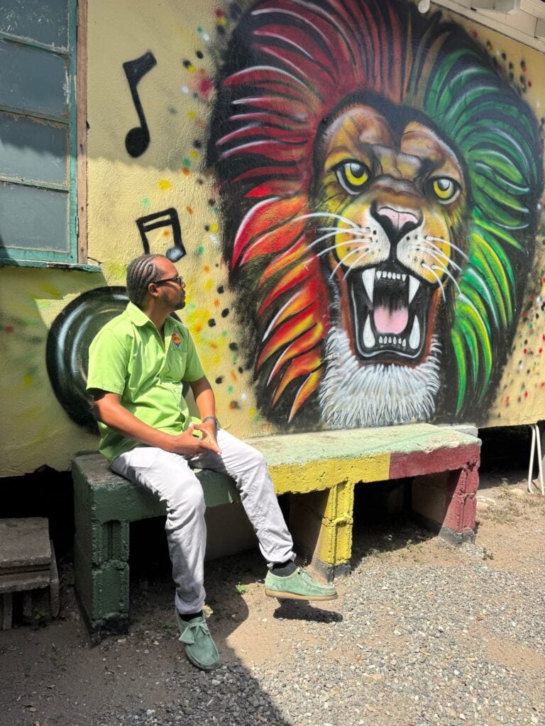 Michael Black seated beside a colourful lion mural.