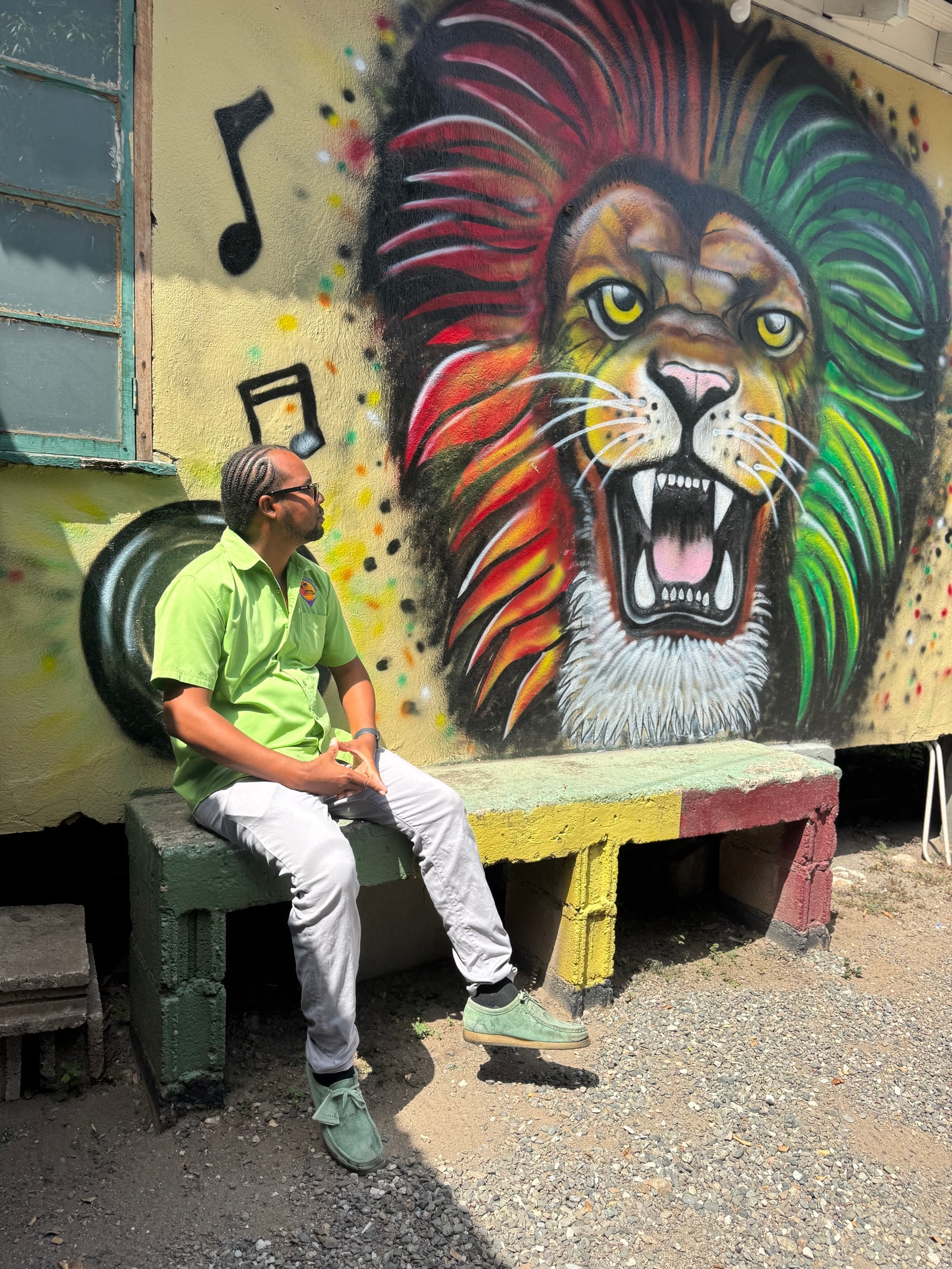 Michael Black seated beside a colourful lion mural.