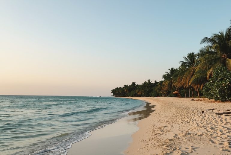 A quiet, secluded Caribbean beach at dawn, untouched and serene.
