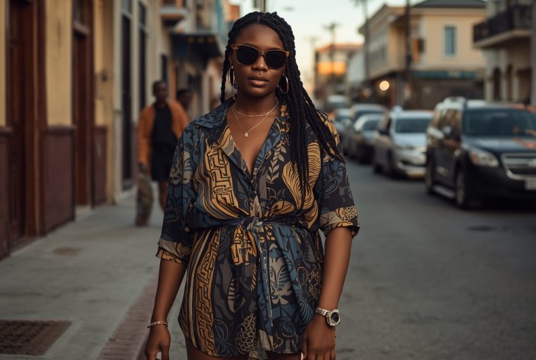 Editorial image of Caribbean street style with confident, effortless silhouettes in warm coastal light