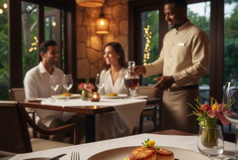 Caribbean dining scene with refined plating and warm, elegant hospitality in an intimate setting