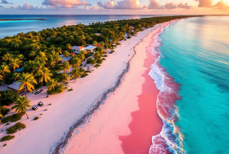 Pink sand beach on Harbor Island Bahamas at sunrise