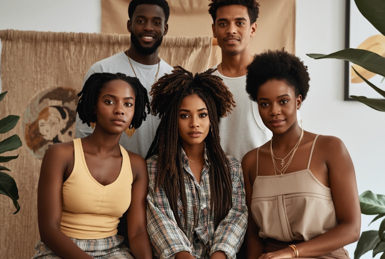 Portrait-style image of Caribbean creatives collaborating in a bright studio space with natural textures